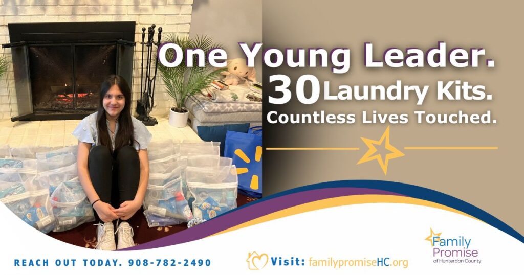 Nehali with laundry kits she assembled for Family Promise of Hunterdon County to support individuals and families experiencing homelessness through her Confirmation service project.